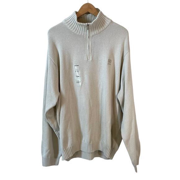 NWT IZOD Mens Cotton Quarter Zip Knit Mock Neck Sweater Stonedust XXL Fisherman - Picture 1 of 9